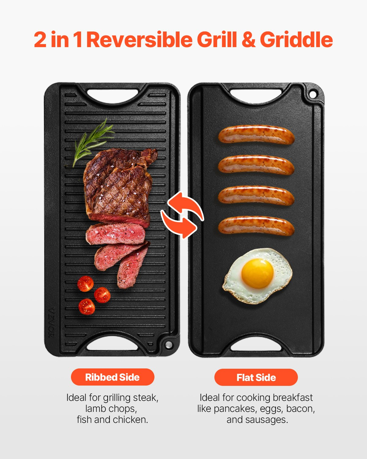 Start2Finish VEVOR 20x10 inch cast iron reversible grill and griddle with handle, black, pre-seasoned, suitable for indoor and outdoor use.
