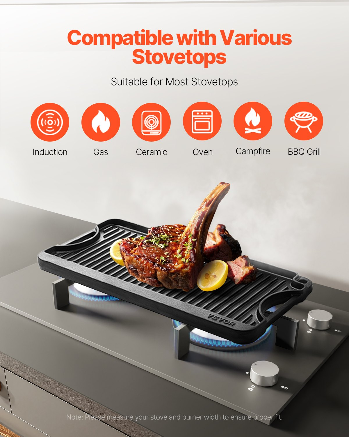Start2Finish VEVOR 20x10 inch cast iron reversible grill and griddle with handle, black portable cookware for indoor and outdoor use