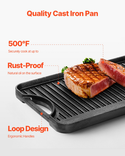 Start2Finish VEVOR cast iron reversible grill and griddle with handle, 20x10 inch black portable cookware for indoor and outdoor cooking