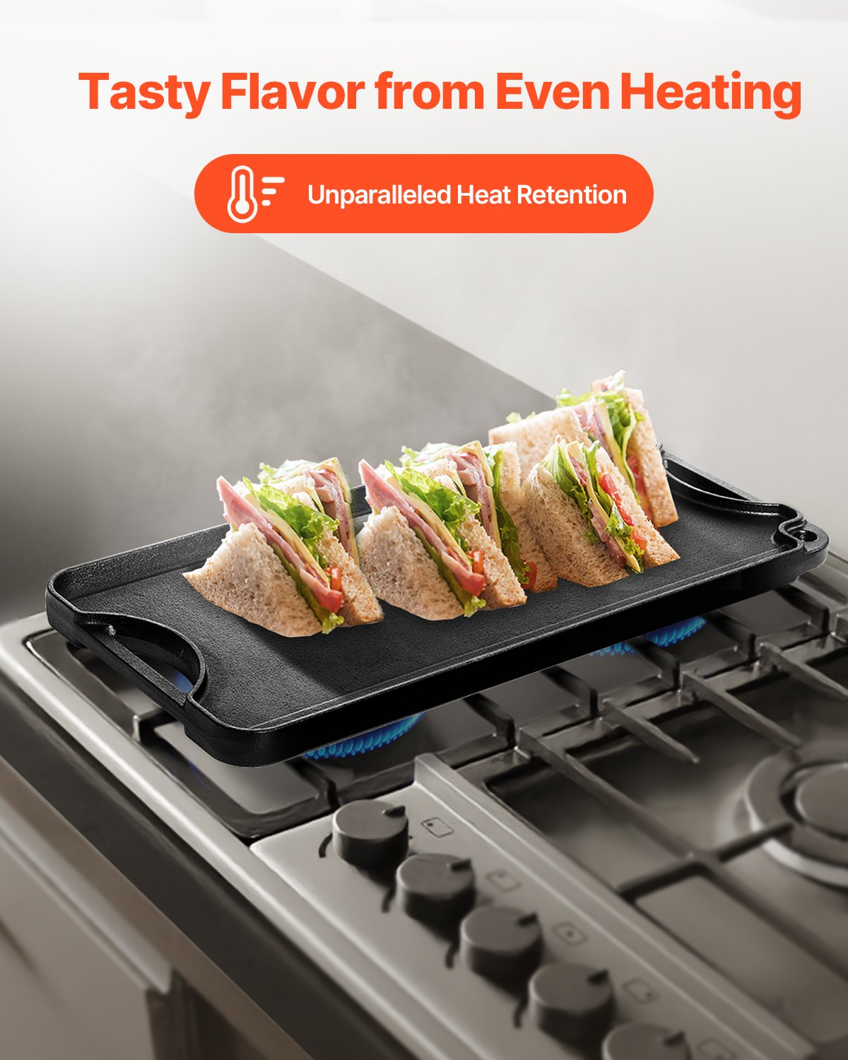 Start2Finish VEVOR 20x10 inch cast iron reversible grill and griddle with handle, black portable cookware for indoor and outdoor use.