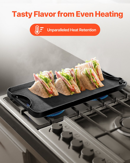 Start2Finish VEVOR 20x10 inch cast iron reversible grill and griddle with handle, black portable cookware for indoor and outdoor use.
