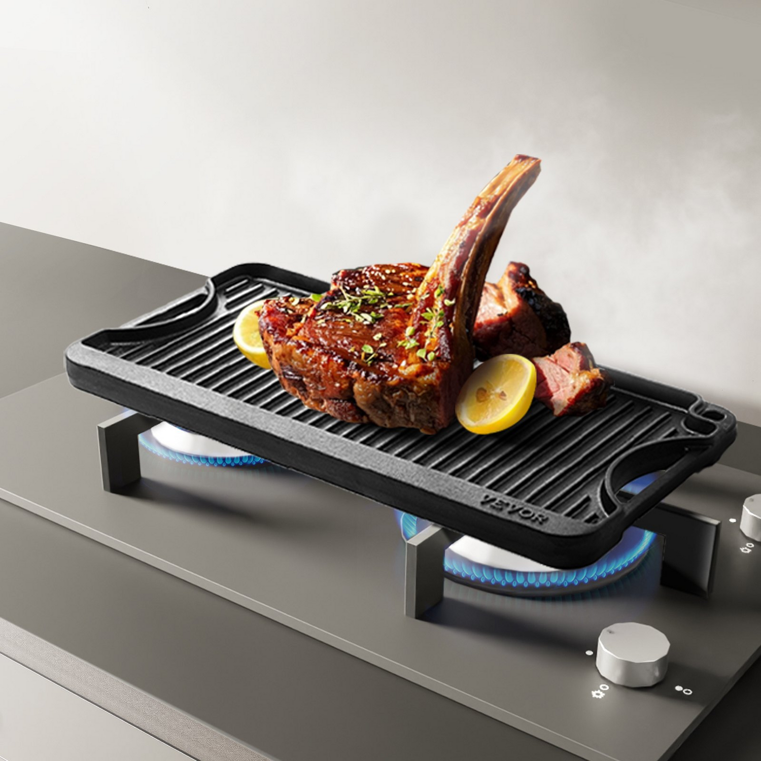 Start2Finish VEVOR 20x10 inch cast iron reversible grill and griddle with handle, pre-seasoned, black, suitable for indoor or outdoor cooking.