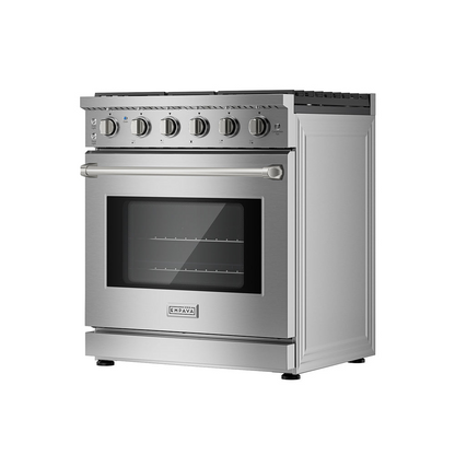 Start2Finish Empava 30-inch slide-in gas range with a single oven, stainless steel finish, and control knobs for professional-style cooking.