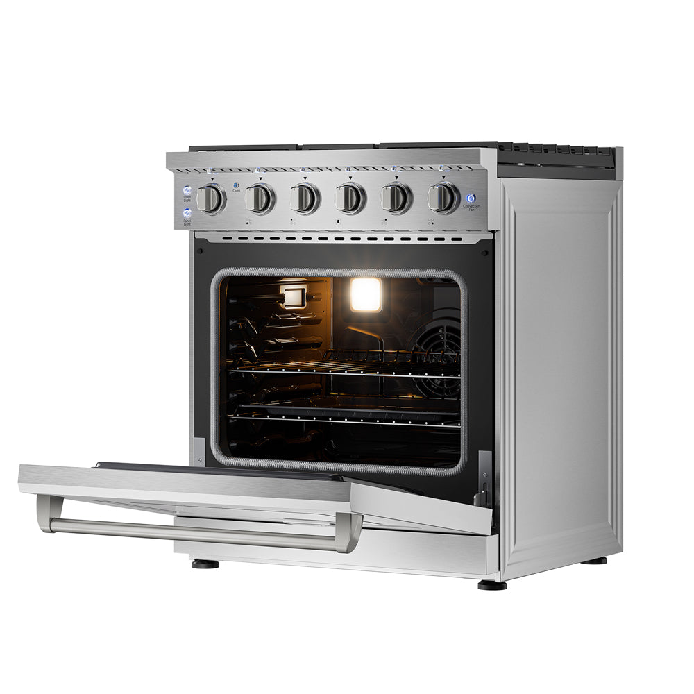 Empava 30-inch slide-in gas range with a single oven, stainless steel finish, control knobs, and oven door in an appliance image.