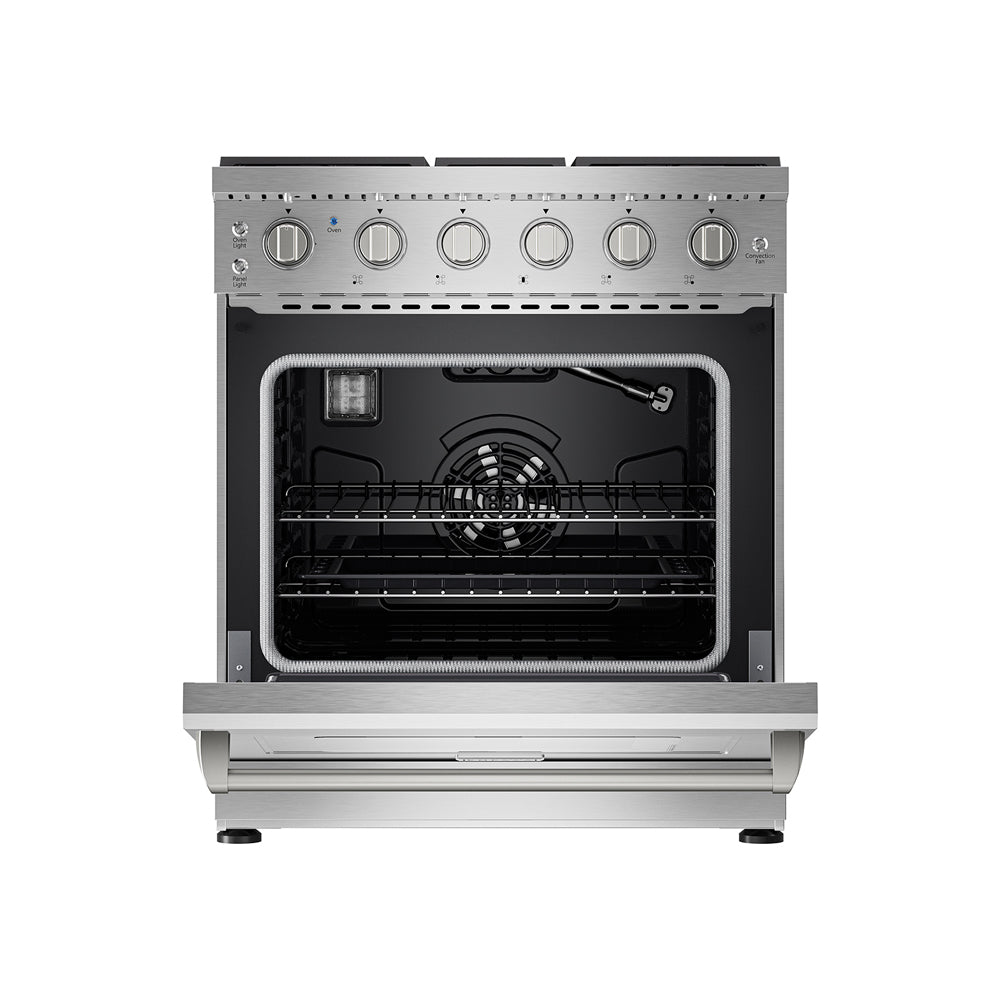 Empava 30-inch pro-style slide-in single oven gas range with control panel and burners, part of Start2Finish appliances.