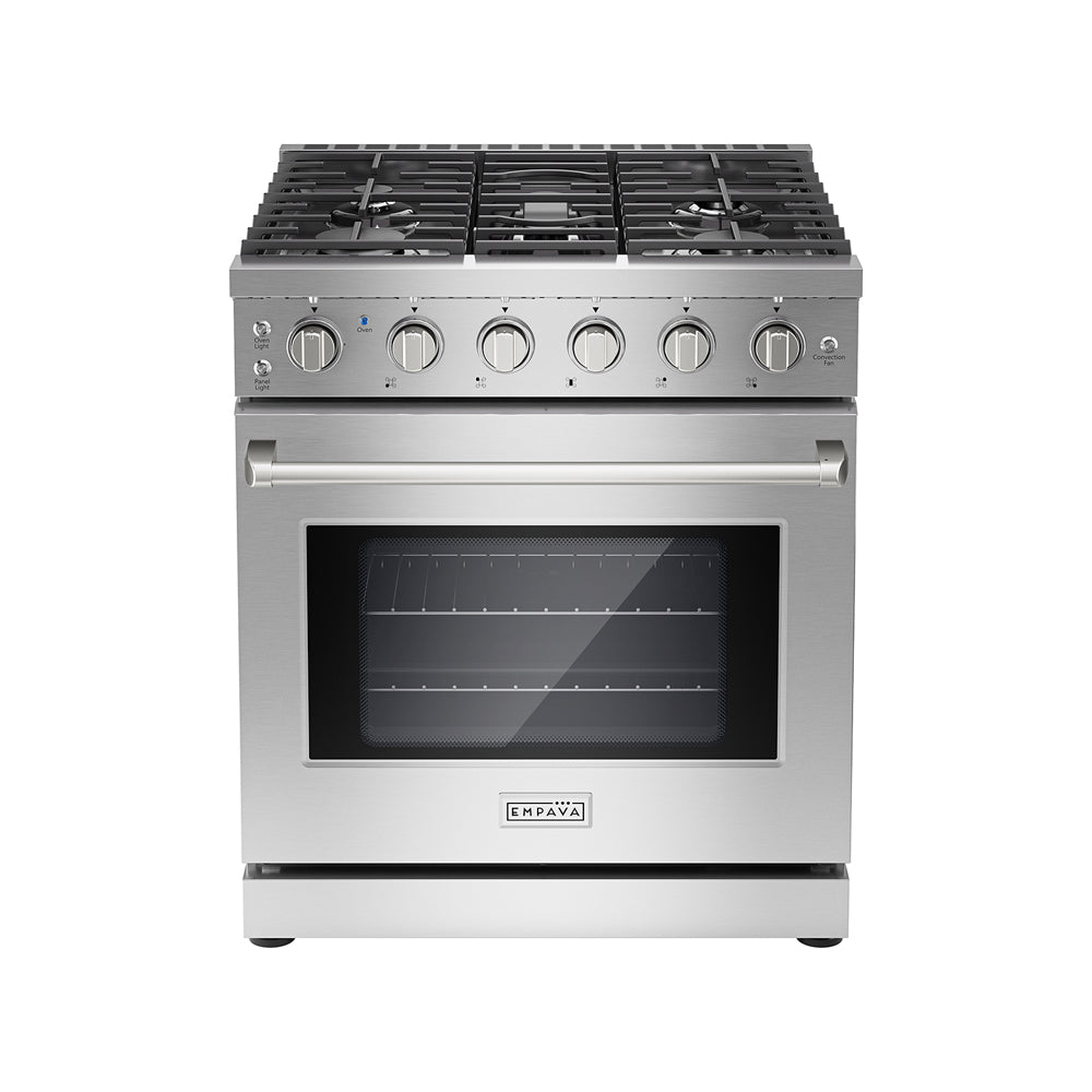 Start2Finish Empava 30-inch pro-style slide-in gas range with single oven, stainless steel finish, and control knobs on the front.
