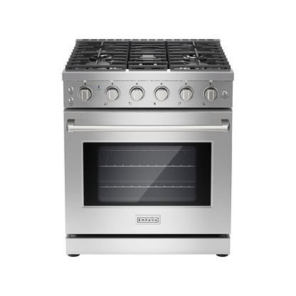 Start2Finish Empava 30-inch pro-style slide-in gas range with single oven, stainless steel finish, and control knobs on the front.