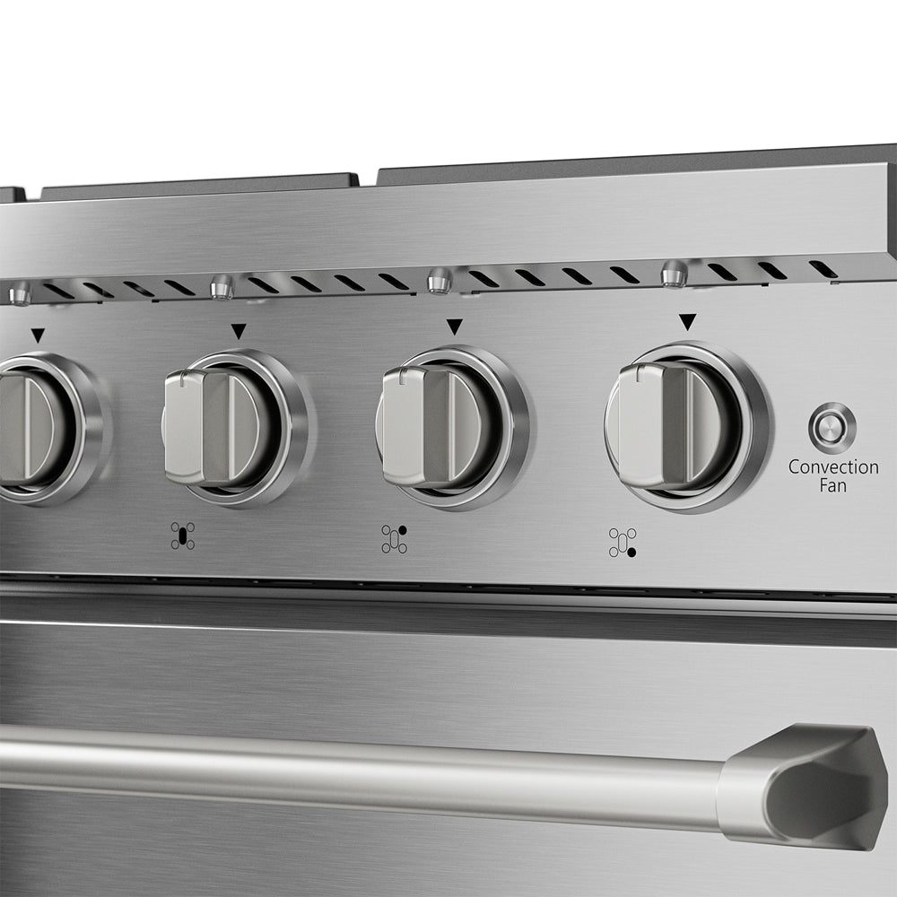 Empava 30-inch pro-style slide-in gas range with a single oven, stainless steel appliances, and control knobs on the front.