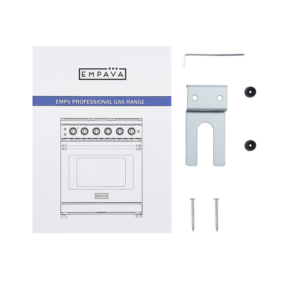 Empava 30-inch pro-style slide-in single oven gas range with control knobs and stainless steel finish.