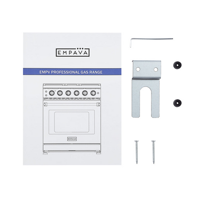Empava 30-inch pro-style slide-in single oven gas range with control knobs and stainless steel finish.