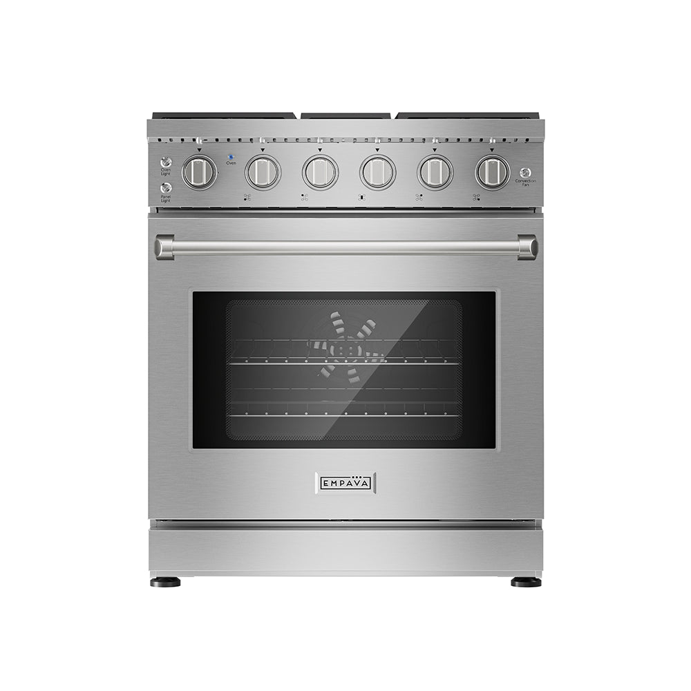 Start2Finish Empava 30-inch pro-style slide-in gas range with single oven, stainless steel finish, and control knobs.