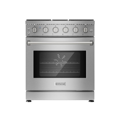 Start2Finish Empava 30-inch pro-style slide-in gas range with single oven, stainless steel finish, and control knobs.