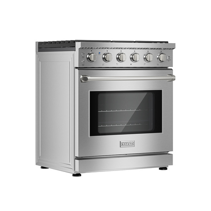 Start2Finish Empava 30-inch pro-style slide-in gas range with a single oven, featuring stainless steel finish and control knobs.