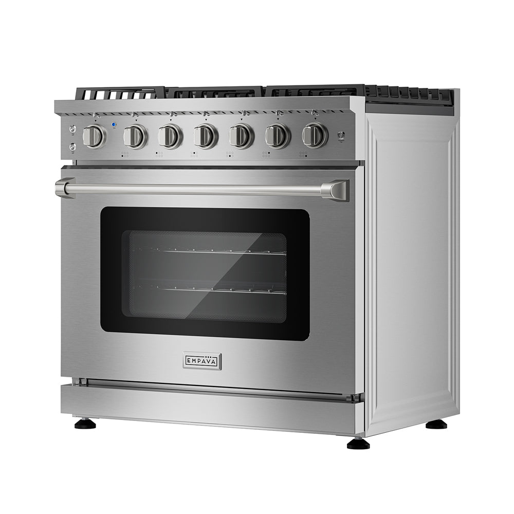 Start2Finish Empava 36-inch pro-style slide-in gas range with oven, featuring control knobs and stainless steel finish.
