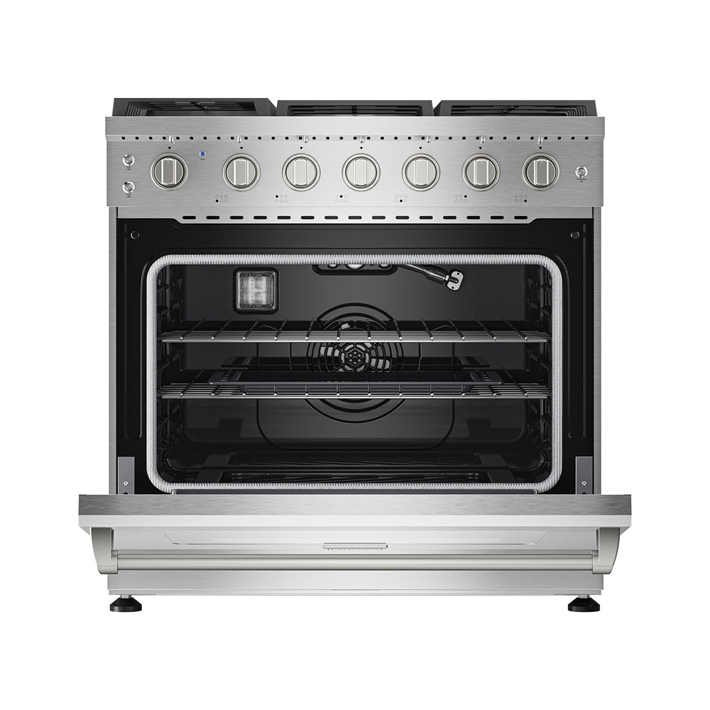 Empava 36-inch pro-style slide-in gas range with single oven, stainless steel appliances, and control knobs on the front.