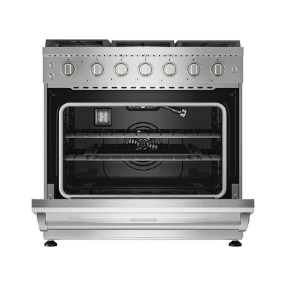 Empava 36-inch pro-style slide-in gas range with single oven, stainless steel appliances, and control knobs on the front.