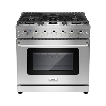 Empava 36-inch pro-style slide-in gas range with single oven, stainless steel finish, and control knobs on the front.