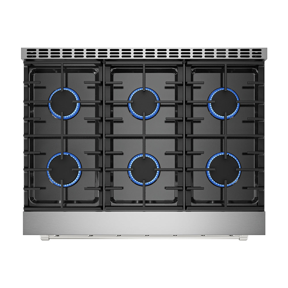 Empava 36-inch pro-style slide-in gas range with a single oven, stainless steel finish, and control knobs on the front.