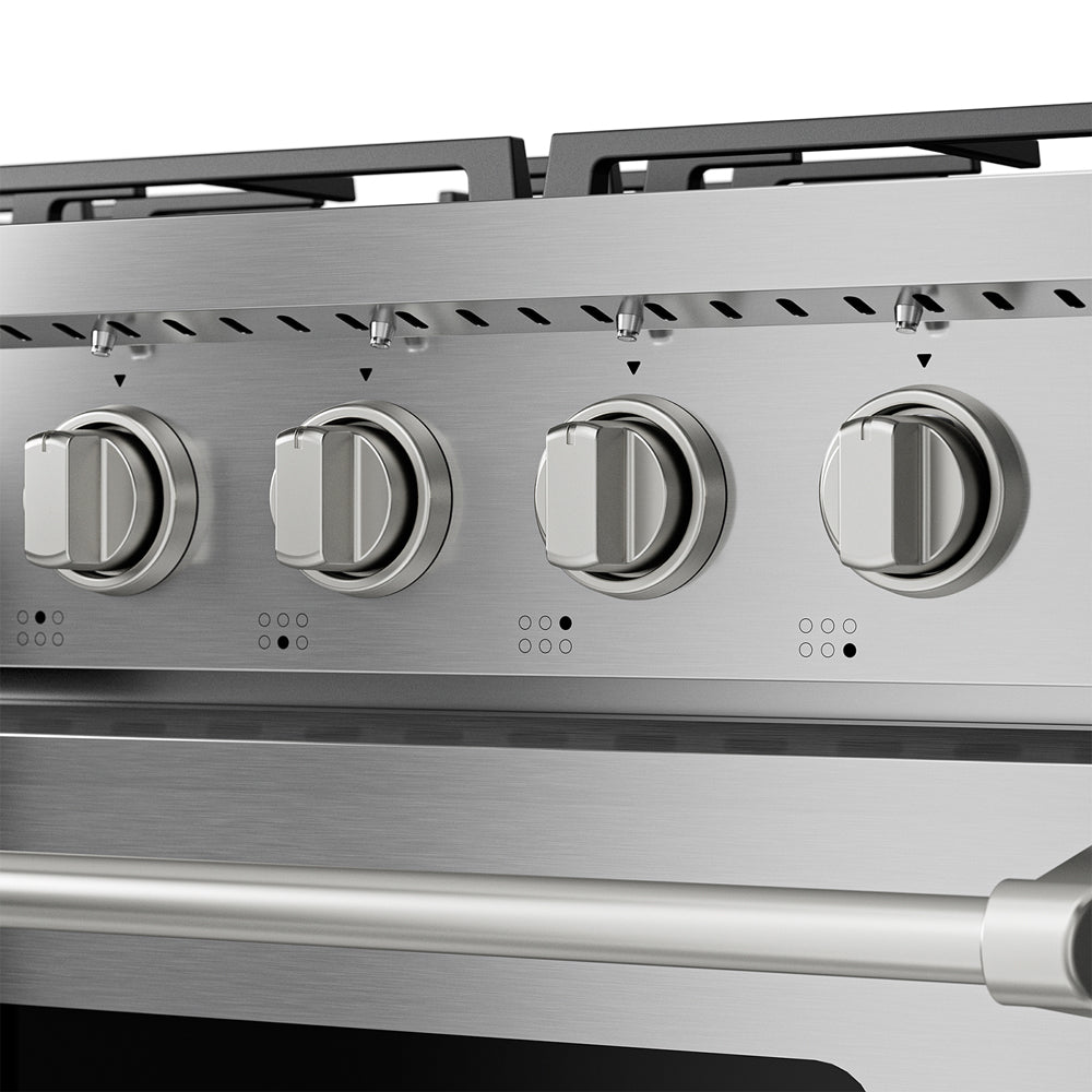 Empava 36-inch pro-style slide-in gas range with oven, stainless steel finish, featuring control knobs and burners on the cooktop.