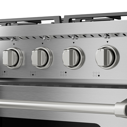 Empava 36-inch pro-style slide-in gas range with oven, stainless steel finish, featuring control knobs and burners on the cooktop.