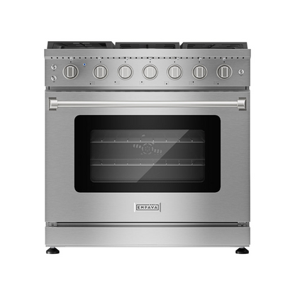 Empava 36-inch pro-style slide-in gas range with a built-in oven, stainless steel finish, and control knobs in a modern kitchen setting.