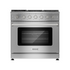Empava 36-inch pro-style slide-in gas range with a built-in oven, stainless steel finish, and control knobs in a modern kitchen setting.