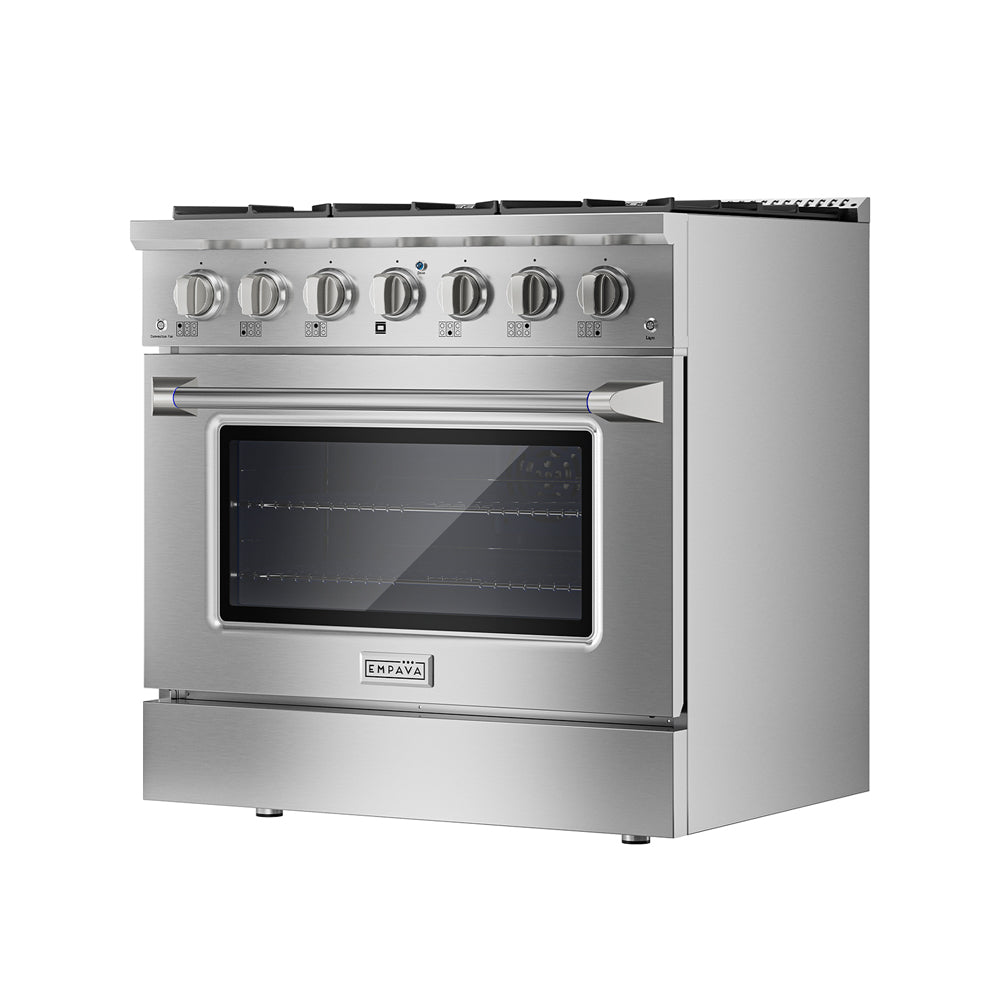 Start2Finish Empava 36-inch pro-style slide-in gas oven range with control knobs and stainless steel finish.