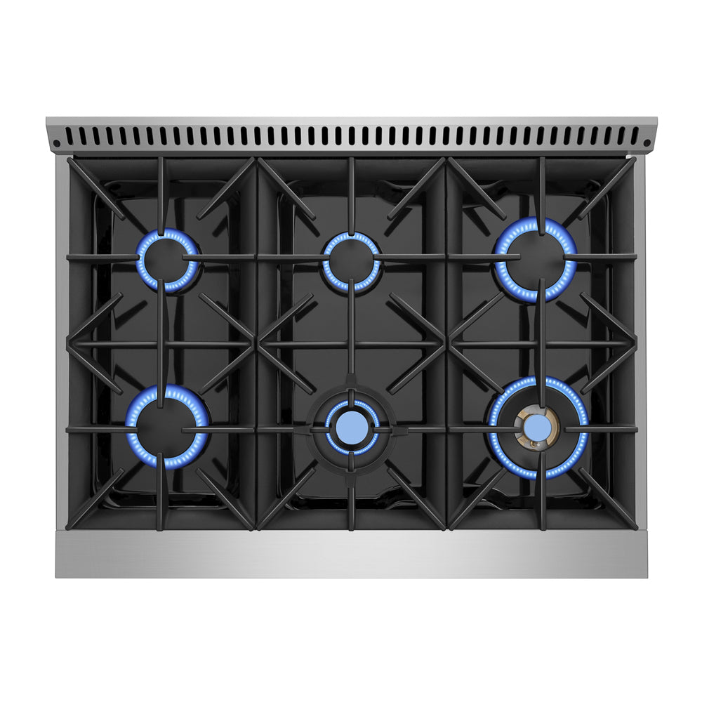 Empava 36-inch pro-style slide-in gas range with a single oven, stainless steel finish, and control knobs on the front panel.