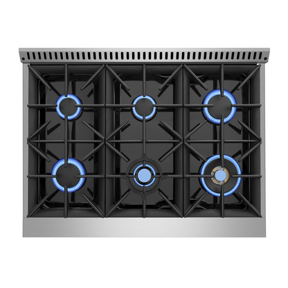 Empava 36-inch pro-style slide-in gas range with a single oven, stainless steel finish, and control knobs on the front panel.