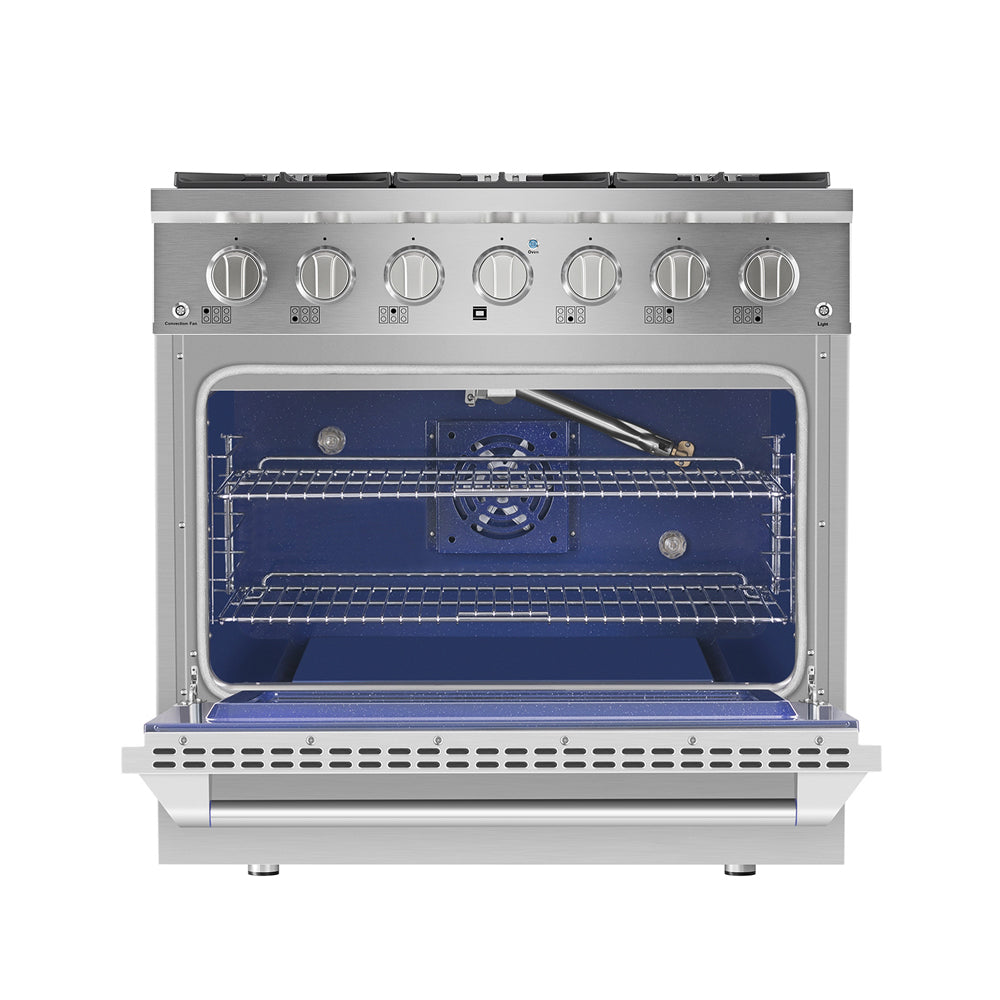 Start2Finish Empava 36-inch pro-style slide-in gas range with single oven, stainless steel finish, control knobs, and oven door window.