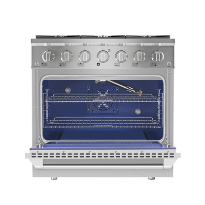 Start2Finish Empava 36-inch pro-style slide-in gas range with single oven, stainless steel finish, control knobs, and oven door window.