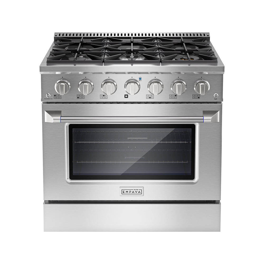 Empava 36-inch Pro-Style Slide-In Single Oven Gas Range with stainless steel finish, multiple burners, and control panel.