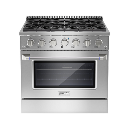 Empava 36-inch Pro-Style Slide-In Single Oven Gas Range with stainless steel finish, multiple burners, and control panel.