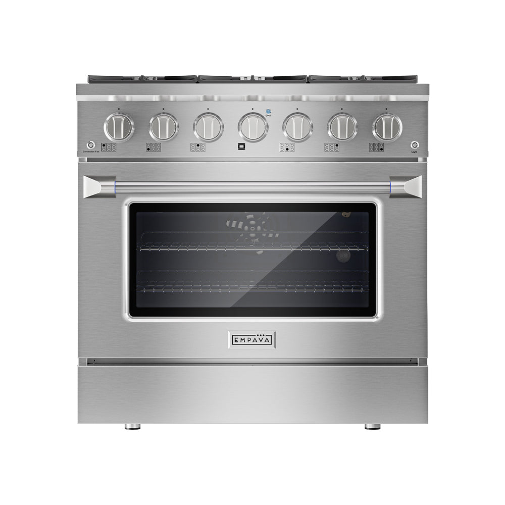 Empava 36-inch pro-style slide-in gas range with a single oven, stainless steel finish, and control knobs in a modern kitchen setting
