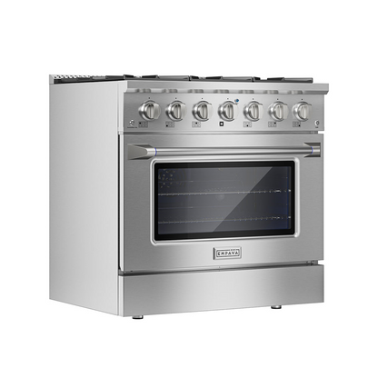 Empava 36-inch pro-style slide-in gas range with a single oven, stainless steel finish, and control knobs for kitchen appliances.