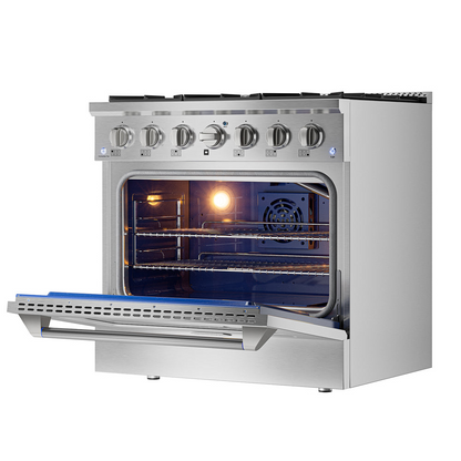 Start2Finish Empava 36-inch pro-style slide-in gas range with single oven, stainless steel finish and control knobs visible.