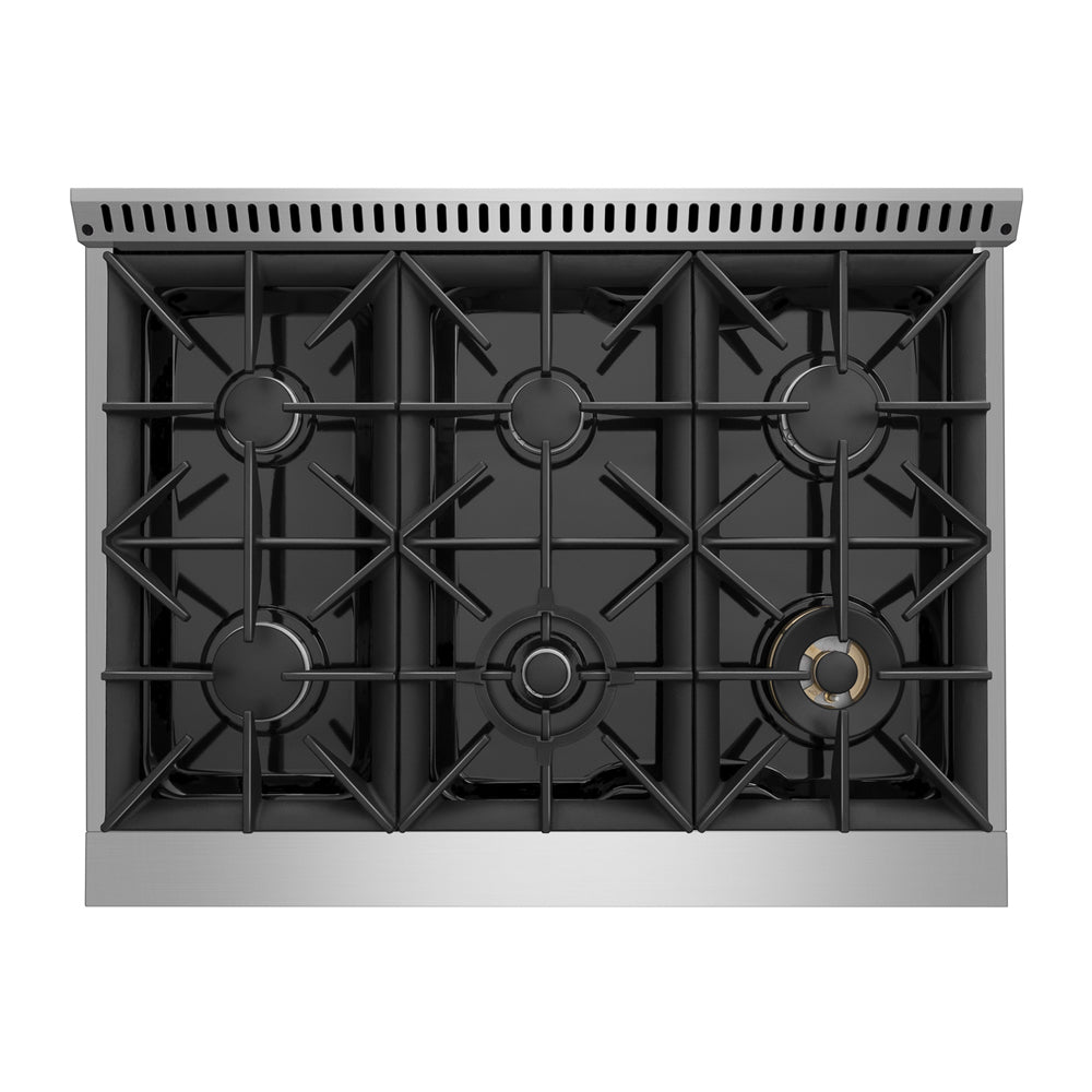 Empava 36-inch pro-style slide-in single oven gas range with stainless steel finish and control knobs, kitchen appliance for cooking.