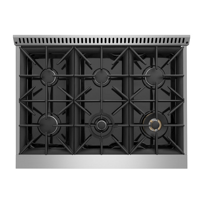 Empava 36-inch pro-style slide-in single oven gas range with stainless steel finish and control knobs, kitchen appliance for cooking.