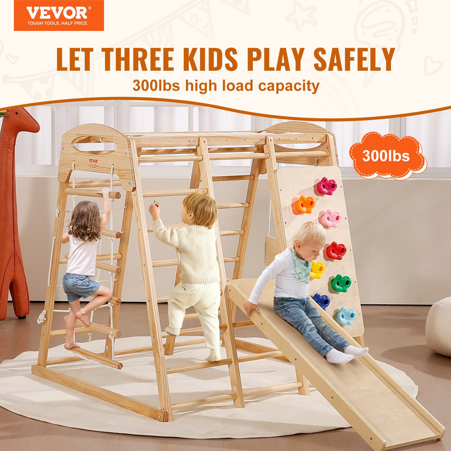 Start2Finish VEVOR indoor jungle gym with wooden climbing toys, rope ladder, slide, swing, monkey bars, and climbing wall for toddlers.