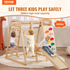 Start2Finish VEVOR indoor jungle gym with wooden climbing toys, rope ladder, slide, swing, monkey bars, and climbing wall for toddlers.