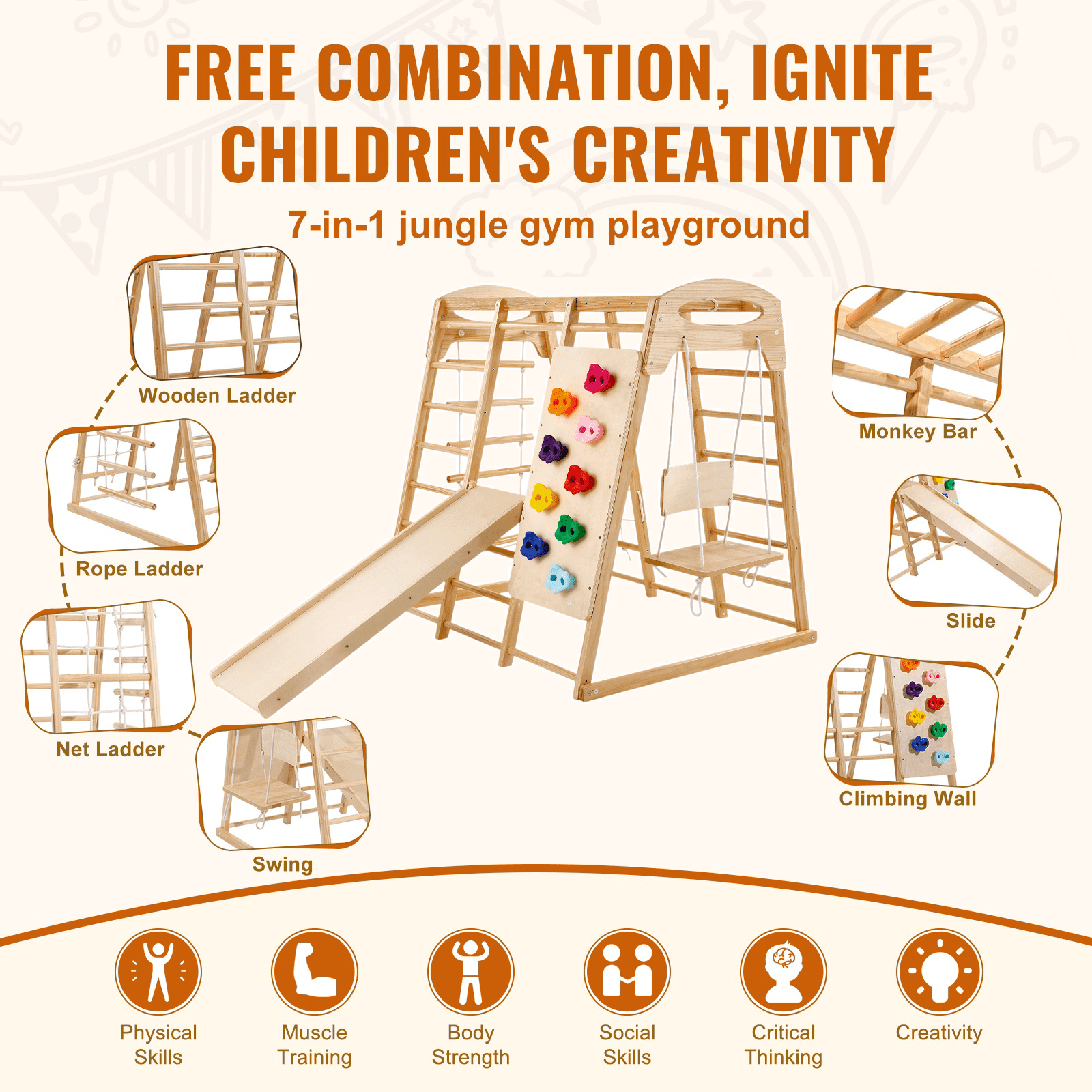 Start2Finish VEVOR indoor jungle gym for toddlers with wooden climbing toys, rope ladder, swing, slide, monkey bars, and climbing wall.