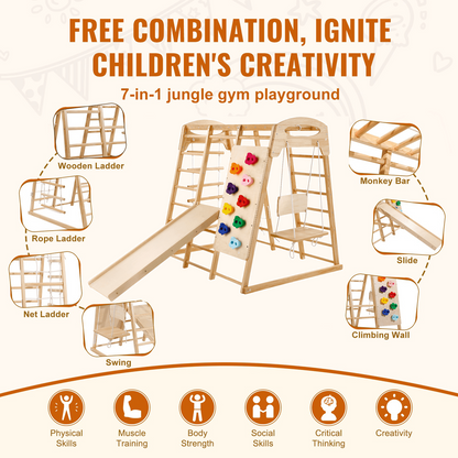 Start2Finish VEVOR indoor jungle gym for toddlers with wooden climbing toys, rope ladder, swing, slide, monkey bars, and climbing wall.