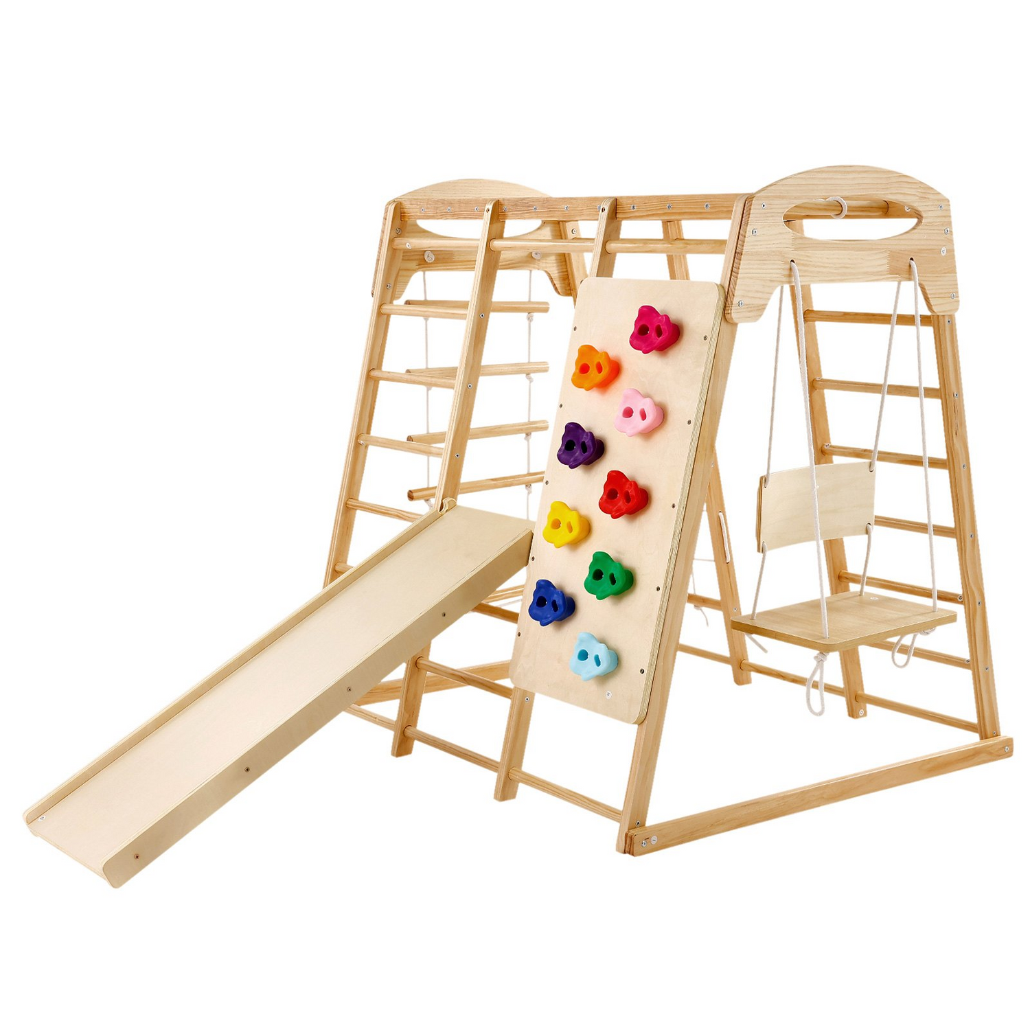 Start2Finish VEVOR indoor jungle gym for toddlers with wooden climbing toys, rope ladder, swing, slide, monkey bars, and climbing wall.