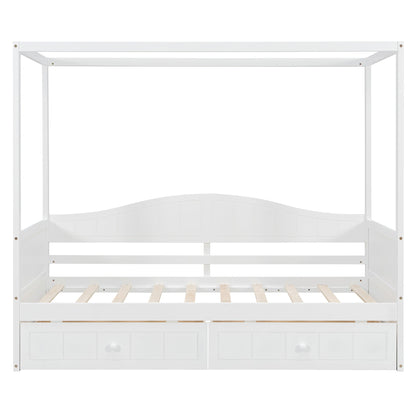 Sangria Beech twin size canopy day bed with two drawers, featuring a wooden frame and fabric canopy for bedroom decor