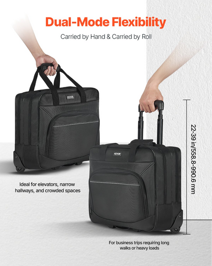 Start2Finish VEVOR rolling laptop bag with wheels, telescoping handle, fits 15.6-inch laptops, black wheeled briefcase for work travel.