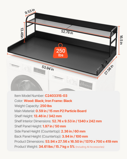 Start2Finish VEVOR washer dryer countertop with 2-tier shelf, water-resistant wooden laundry top in black, anti-slip pads.