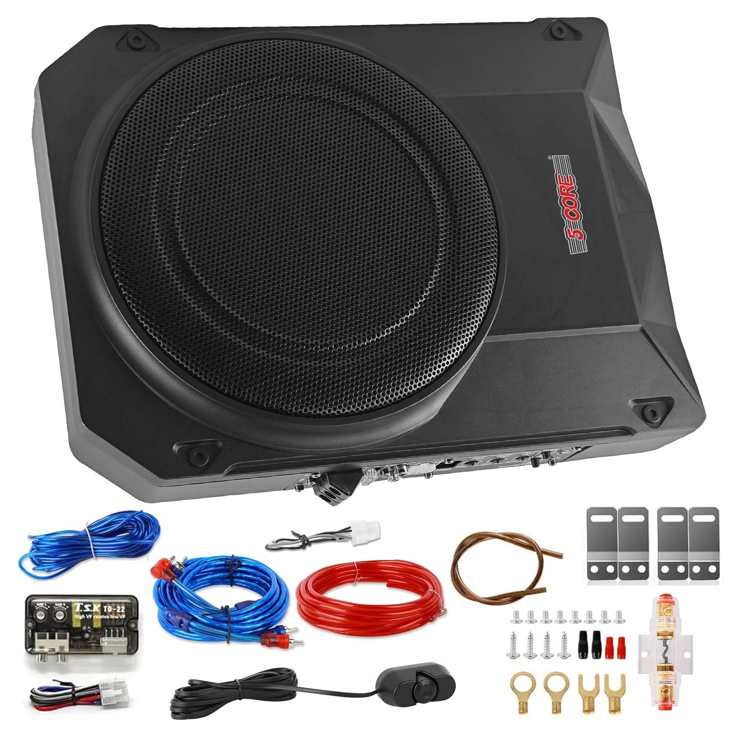 Start2Finish 5Core 10-inch slim under-seat car subwoofer with built-in amplifier and enclosure, 800W automotive audio speaker