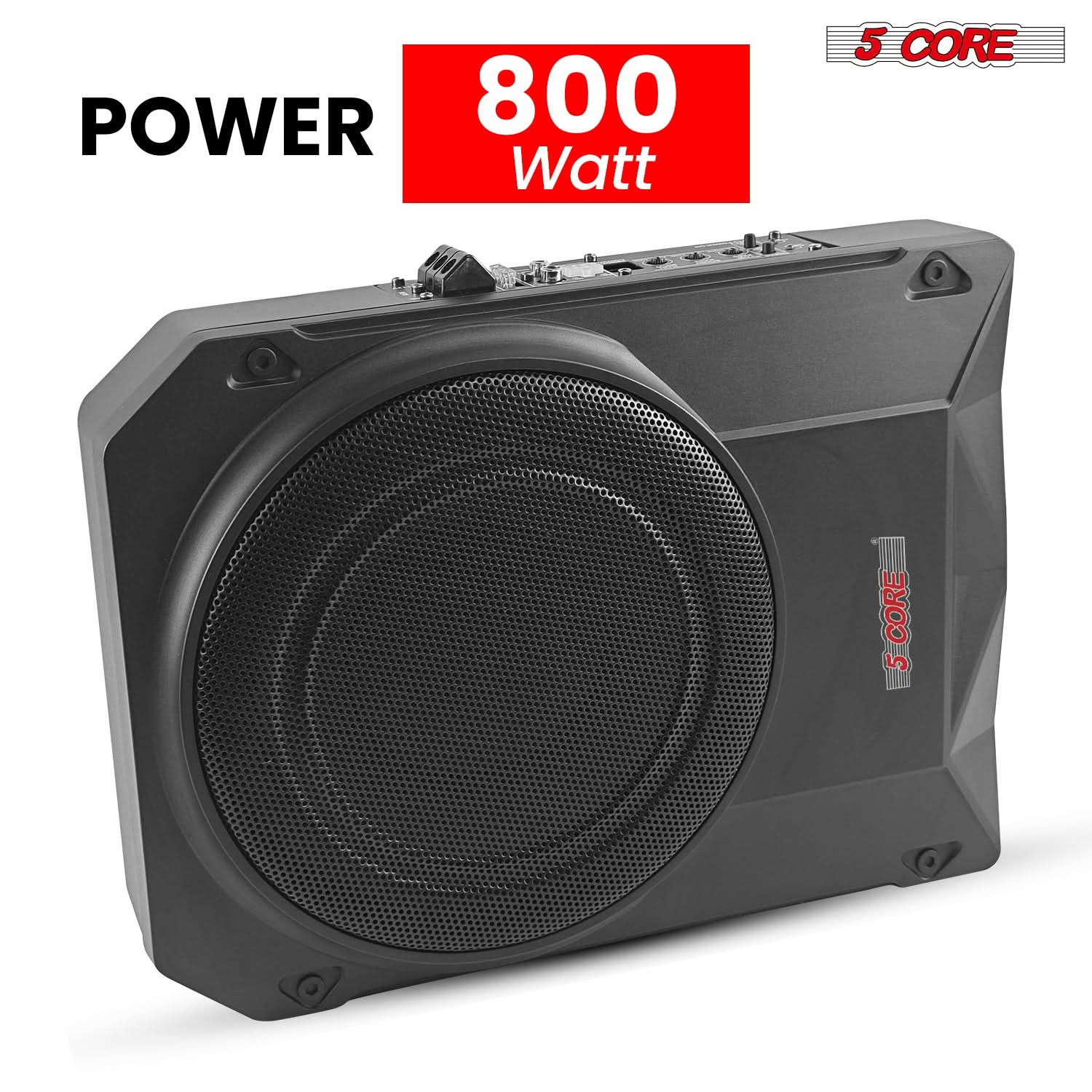 Start2Finish 10-inch slim under-seat car audio subwoofer with built-in amplifier and enclosure, designed for enhanced bass.