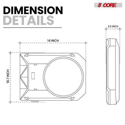 Start2Finish 5Core 10-inch slim under-seat car audio subwoofer with built-in amplifier and enclosure, 800W power output, automotive speaker.