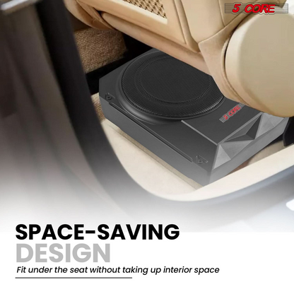 Start2Finish 10-inch slim under seat car audio subwoofer with built-in 800W amplifier and enclosure for enhanced bass.